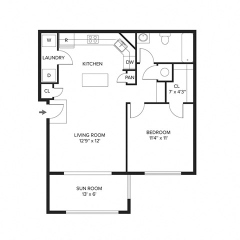 Floor plan for 1 bed, 1 bath, 727 sqft